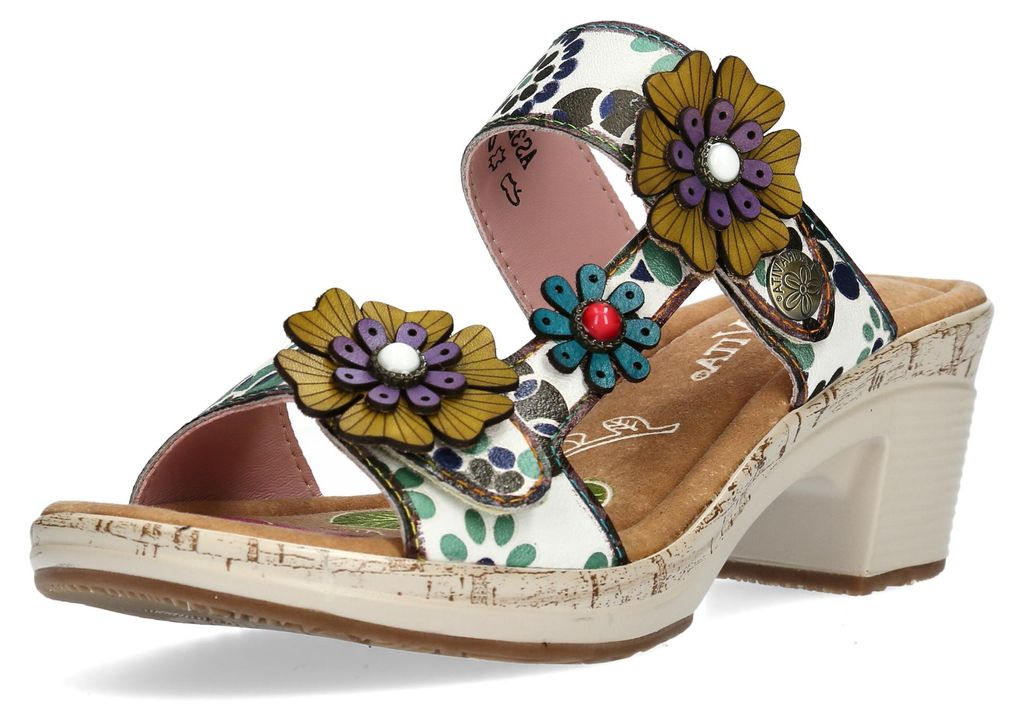 Laura Vita Damen Pantolette aus Leder mit Blumenmuster und Blockabsatz Beao 10, Größe:37 EU, Farbe:Beige