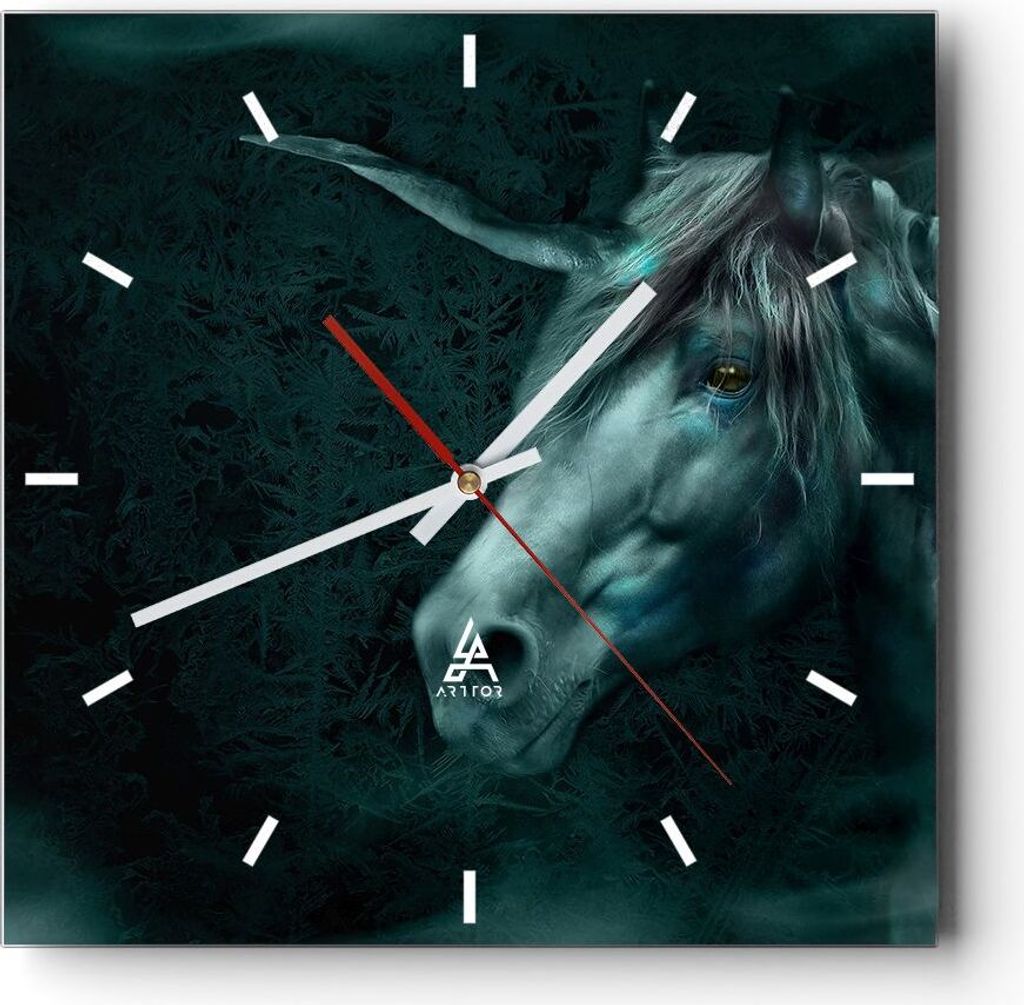 Wanduhr - Quadrat - Glasuhr - Computergrafik Pferd Horn - 40x40cm - Schleichendes Uhrwerk - Lautlos - zum Aufhängen bereit - Dekoration Modern - W...