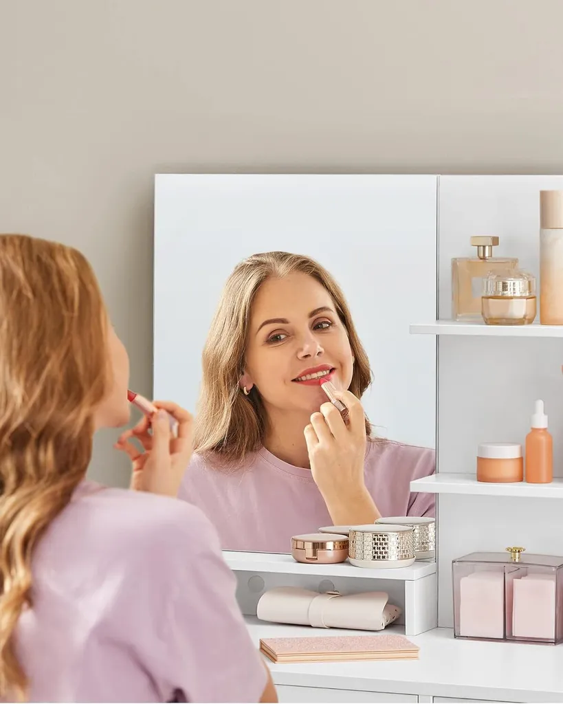 VASAGLE Coiffeuse avec Miroir Blanc, 1 Tiroir et 2 Étagères - Modèle RDT