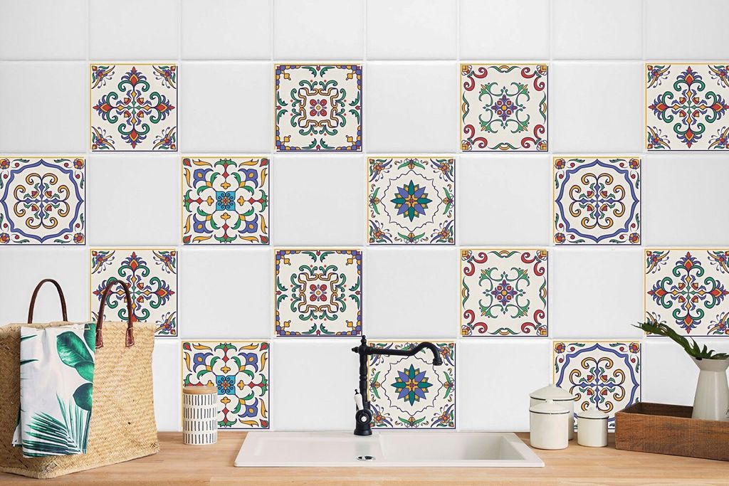 24 Stück Magic Stick Klebefolienset Wandfliesen für Küche Bad Aufkleber Bunte Dekoration 20 x 20 cm