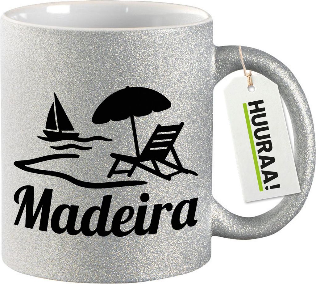 Huuraa Glitzertasse Madeira Inselmotiv Portugal 330ml Silber Keramik Kaffeebecher Geschenkidee