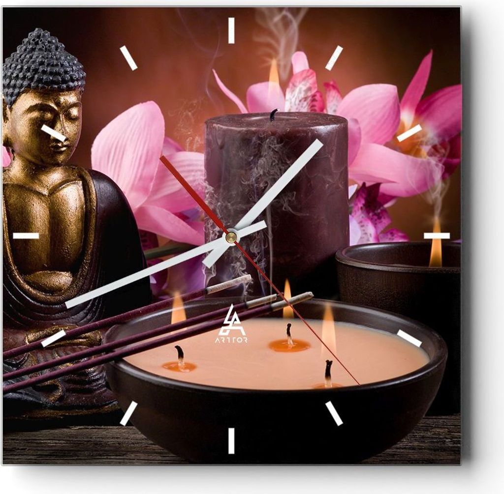 Wanduhr - Quadrat - Glasuhr - Buddha Kerzen Religion - 40x40cm - Schleichendes Uhrwerk - Lautlos - zum Aufhängen bereit - Dekoration Modern - Wand...