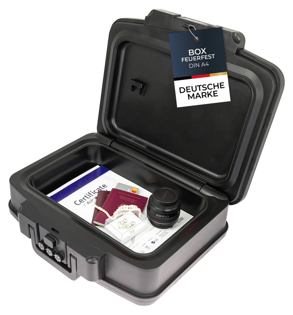 HMF 250437 Feuerfeste Wasserdichte Dokumentenkassette mit Zahlenschloss, DIN A4, 44,5 x 16,5 x 33 cm, Schwarz
