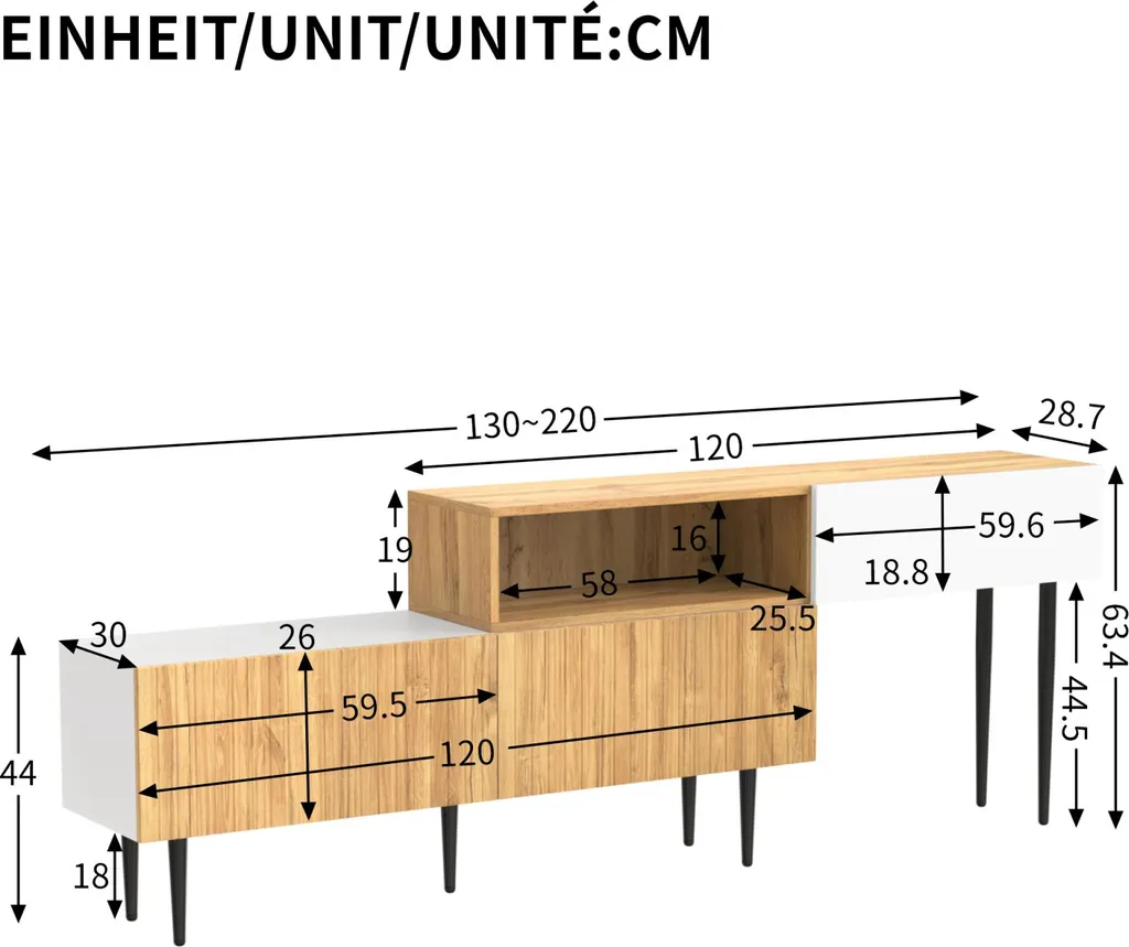 Meuble TV extensible pour petit salon, design modulable bois et blanc - 4