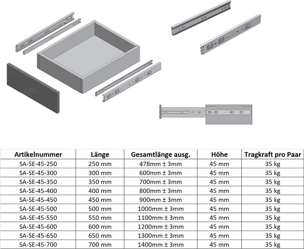 Vollauszug mit Selbsteinzug Schubladenauszug Höhe 45mm Produktbild 2