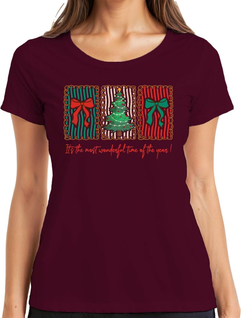 It's the most wonderful Weihnachtsbaum Schleife gestreift Retro Damen T-Shirt, Burgundy, XXL
