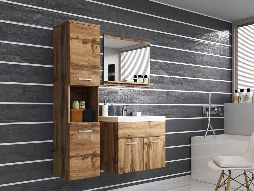 A modern bathroom vanity and cabinet set with a wood grain finish against a dark, horizontally striped wall.