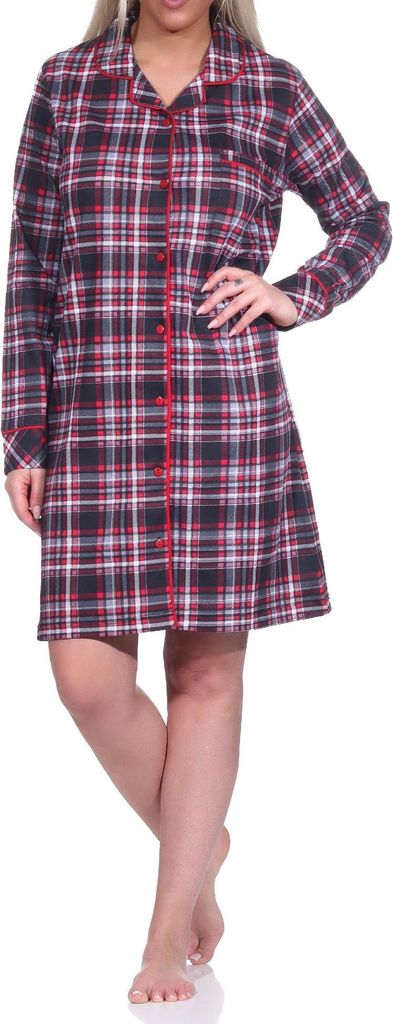 Damen Nachthemd langarm zum durchknöpfen in eleganter Karo-Optik - auch in Übergrössen ; rot , 44/46