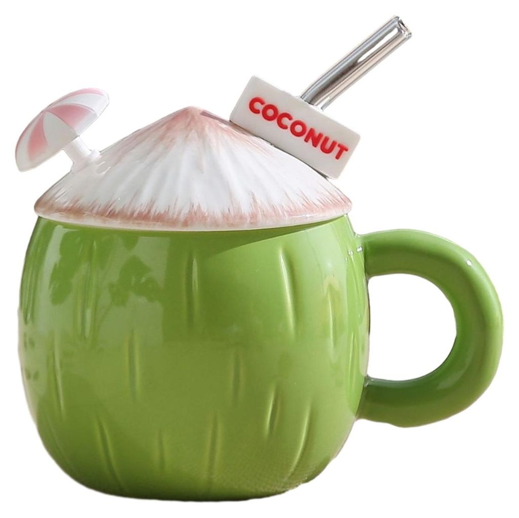 Kaffeetasse aus Keramik in Kokosnussform mit Henkel, Deckel, Mini-Schirmchen und Strohhalm – hitzebeständiges Sommergetränk