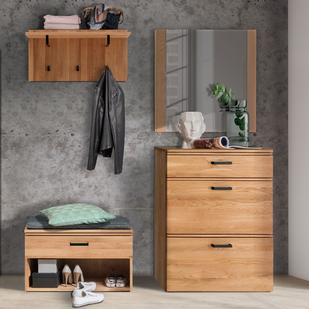 Flur Möbel Set inkl. Spiegel LEUNA-64 in Eiche massiv geölt, B/H/T: ca. 180/200/39 cm