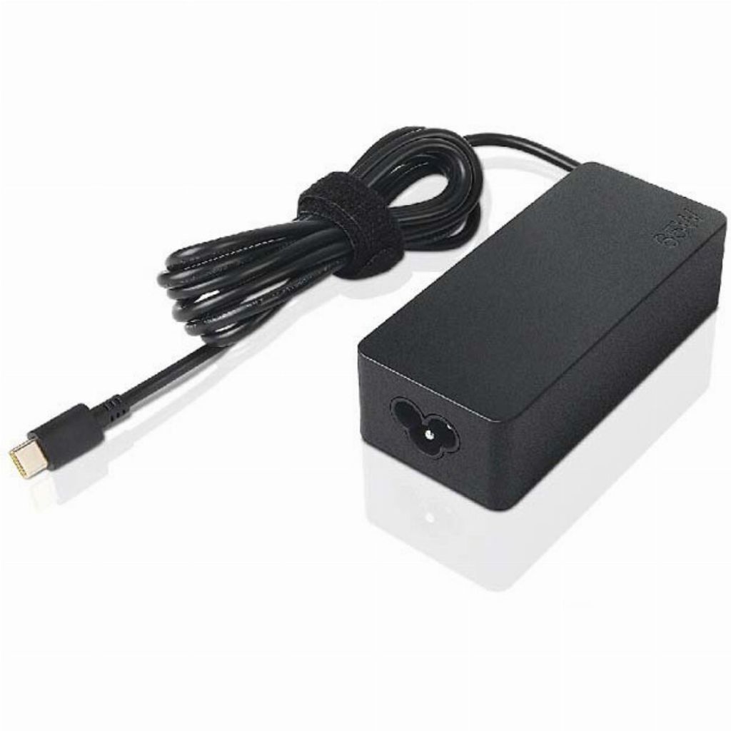 A black Lenovo laptop power adapter with a USB-C connector and a coiled cable, placed on a white background.