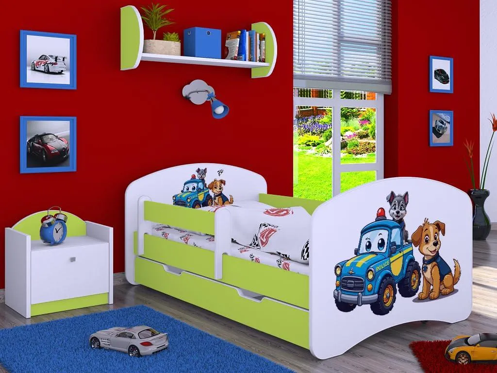 Lit simple pour enfant motif chien vert 140x70 cm avec sommier et tiroir