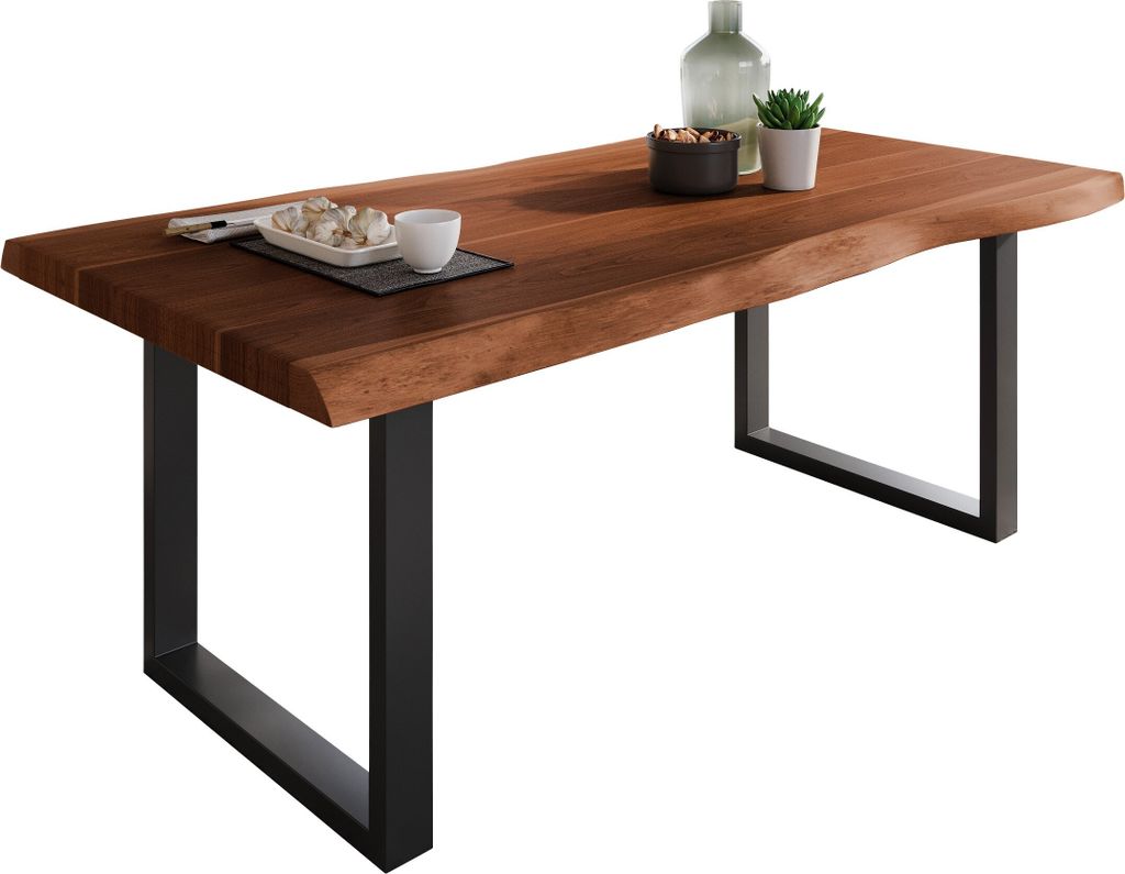 Esstisch Baumkante massiv Akazie Nussbaum 160 x 85 U-Gestell schwarz ATLAS