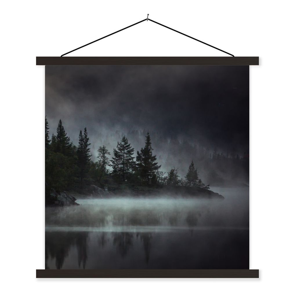 MuchoWow Textilposter Wald - Nebel - Schwarz - Weiß 120x120 cm mit schwarzem Rahmen - Aufhängungsset