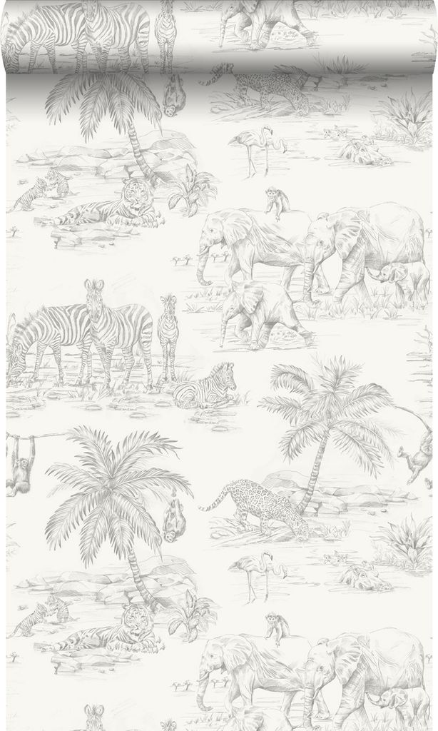 Origin Wallcoverings Tapete Dschungeltiere Weiß und Silbergrau 53 cm x 10.05 m