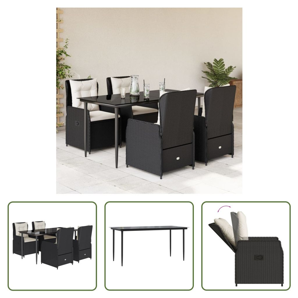 The Living Store 5-tlg. Garten-Essgruppe mit Kissen Schwarz Poly Rattan