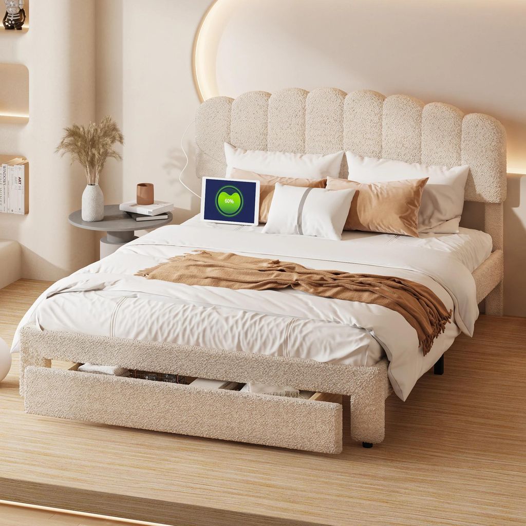 Doppelbett - Bettgestell 160×200 cm - Samt-Kopfteil - Mit Stauraum - Metallrahmen - Lattenrost - Beige - Ohne Matratze