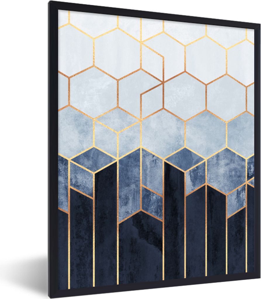 MuchoWow Gerahmtes Poster Sechseck - Gold - Schablonen 60x80 cm - Poster mit Schwarzem Bilderrahmen Wandposter Rahmen Foto Bilder - Premium - Wan...