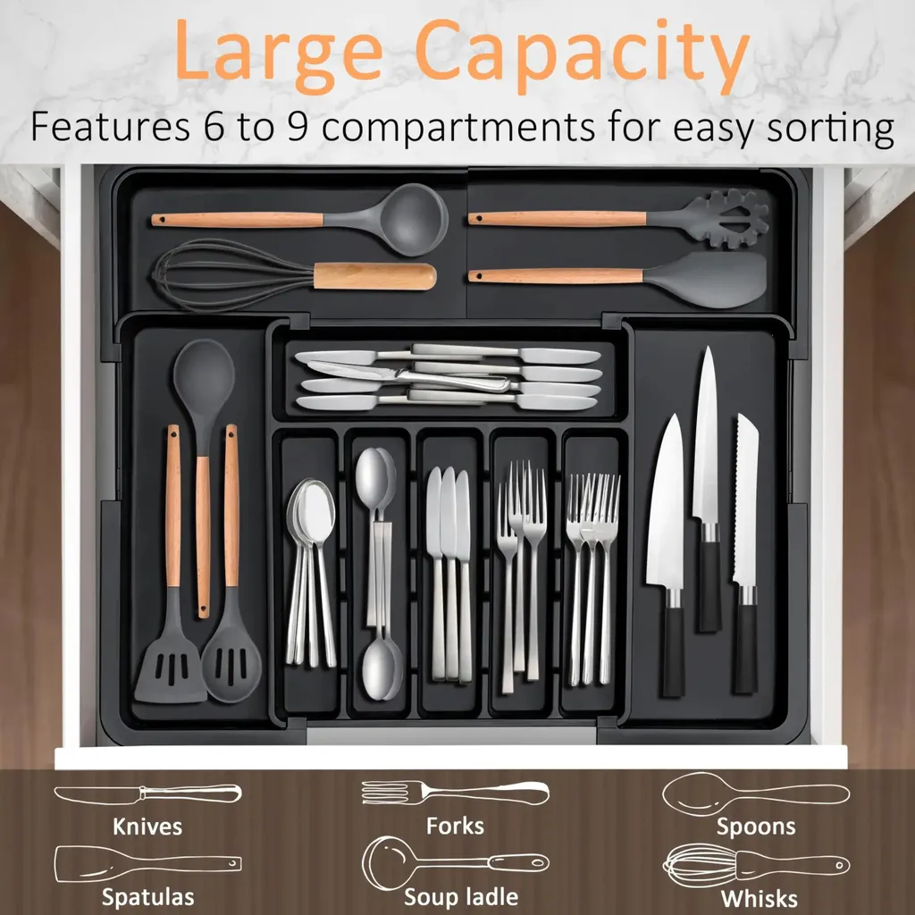 KitchenEdge Adjustable Kitchen Drawer Organiser for Utensils and Junk, Expandable to 33 Inches Wide, 9 Compartments, 100% Bamboo