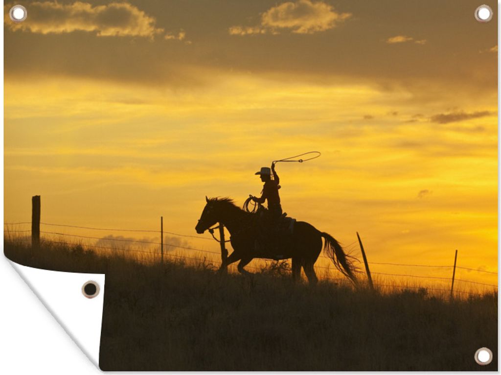 MuchoWow 80x60 cm Outdoor-Poster Gartendeko Sichtschutz Garten Poster für den Garten Ein Cowboy unter einem orangefarbenen Himmel