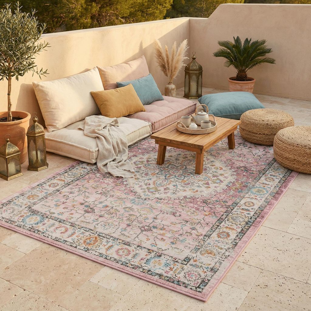 Indoor Outdoor Teppich Lagos Vintage Orient Rosa Creme, Größe:200x290 cm