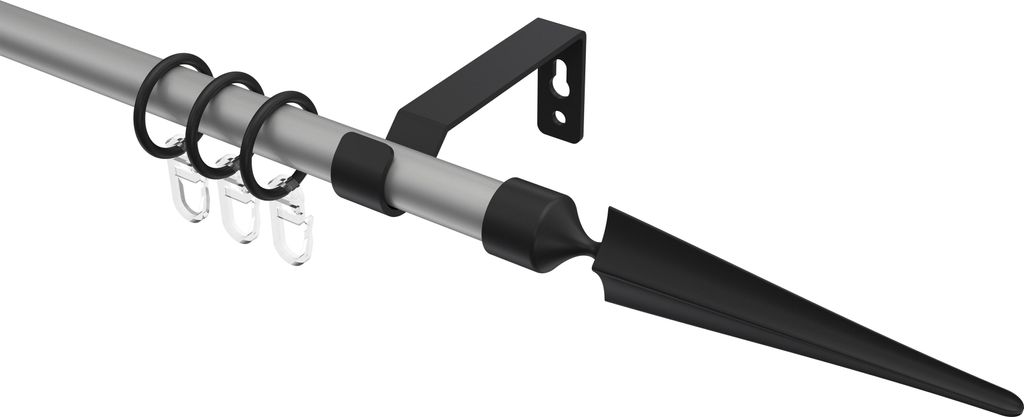 Interdeco Gardinenstange / Vorhangstange Silbergrau / Schwarz, Typ Olymp Lorenzo (Speer), 16 mm Ø 1-läufig, 200 cm