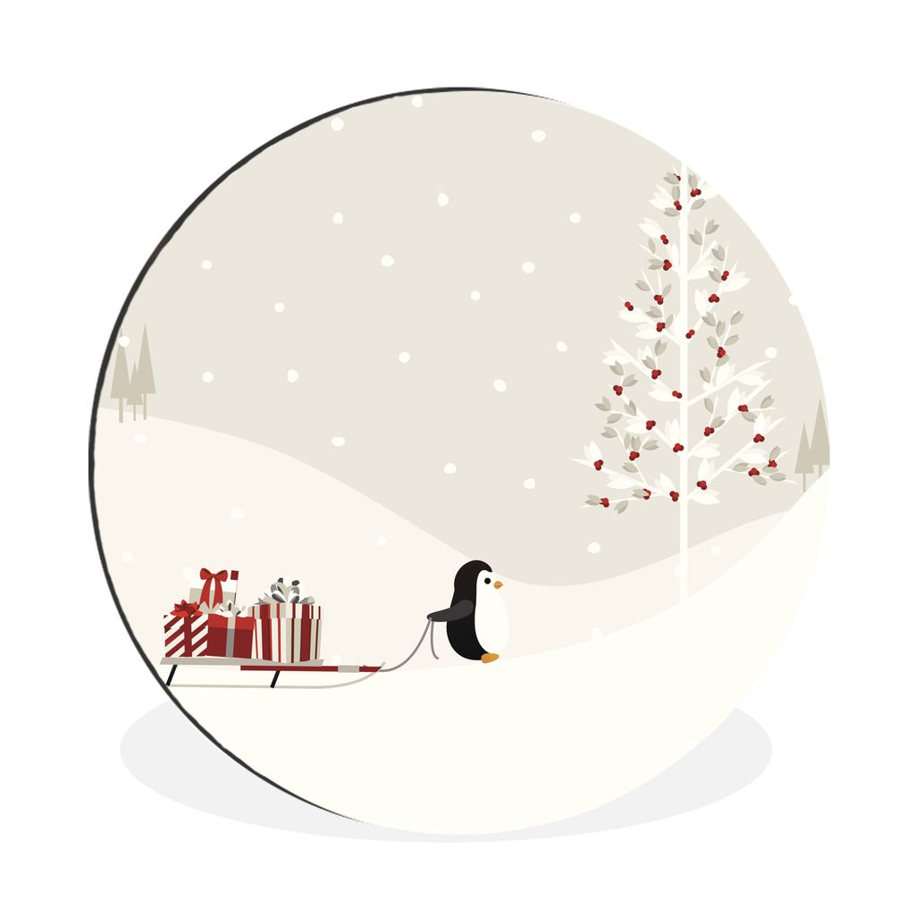 MuchoWow Aluminium Wandkreis Illustration eines Pinguins, der einen Schlitten mit Geschenken zieht Ø 90 cm Wanddeko Modern Wohnzimmer - Mauerkre...