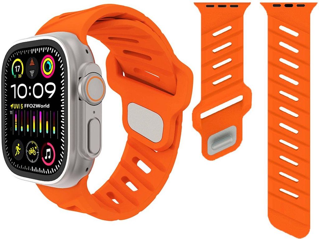 FFO2World Silikonarmband für Apple Watch 42–49 mm (Serie 1–11, Ultra) – Sportliches Armband mit abgewinkelten Schlitzen – Orange
