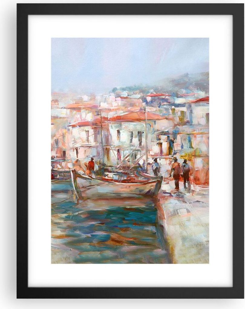 Gerahmtes Poster - Schwarzer Rahmen - Insel Boote Hafen - 30x40 cm - Wand Bild - Wanddeko - Wandbilder - Kunstposter - Wandposter - Bilderrahmen - ...