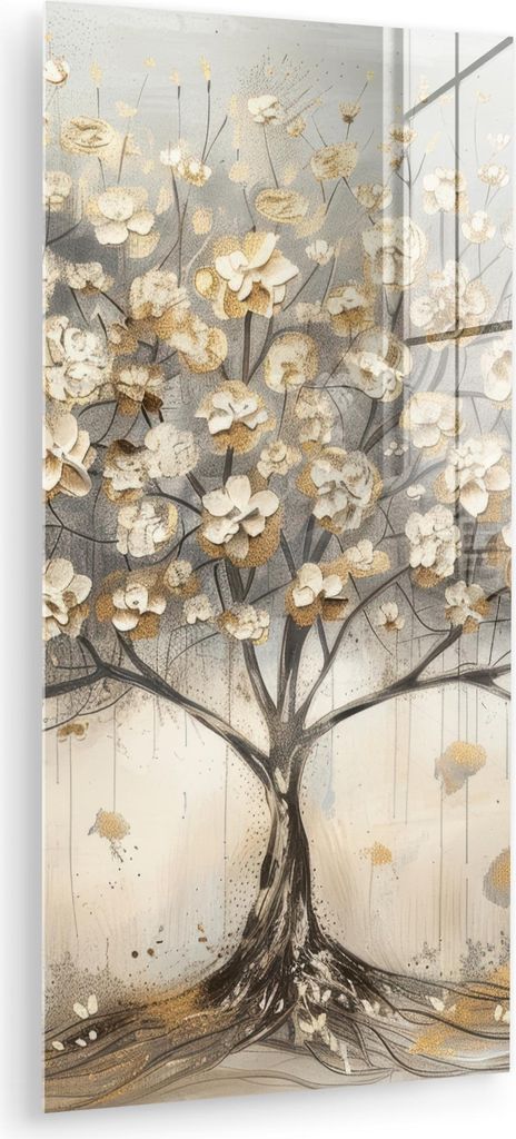 MuchoWow Glasbilder - Bilder auf Wandbild - Foto auf Glas Baum - Beige - Gold - - Grau 60x120 cm Wanddekoration aus Glas - Acrylglasbild - Acrylbi...