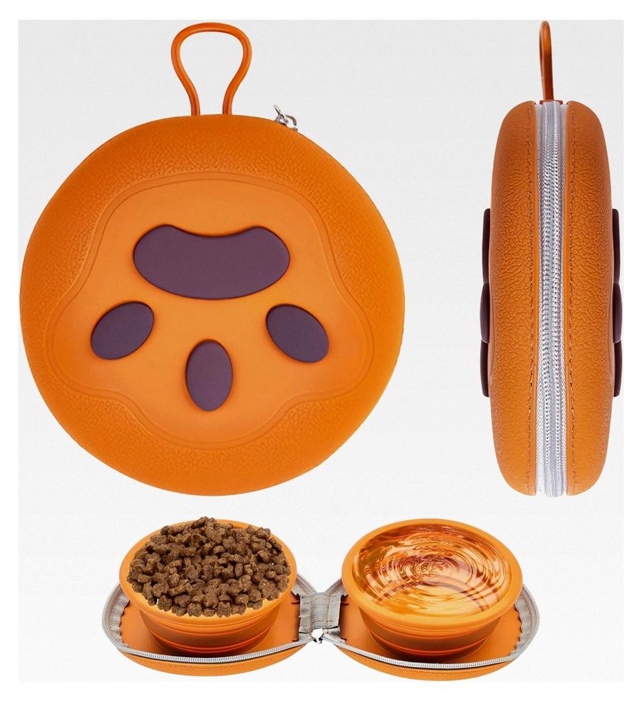 Faltbarer Hundenapf 2-in-1, Reisenapf für Futter und Wasser mit Reiseetui, Tragbare Silikon Trinkschale für Katzen und Welpen