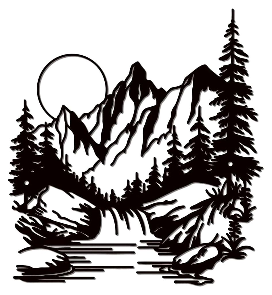 WandNachbildungation aus Metall mit Seen und Bergen, schwarze Eisenlandschaft, Wand-Silhouette, Nachbildung für Wälder und Berge, 27,7x30cm