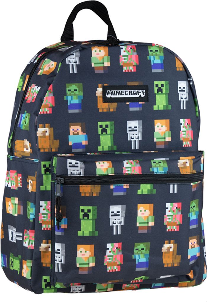 A close-up view of a backpack with a Minecraft pattern.
