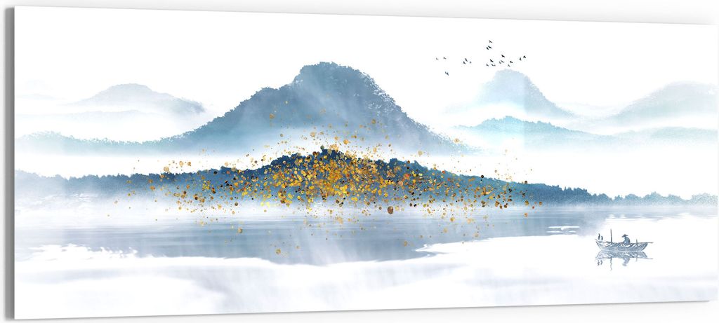 DEQORI Glasbild Echtglas 125x50 cm 'Berge mit Farbakzenten' Wandbild Bild modern Deko