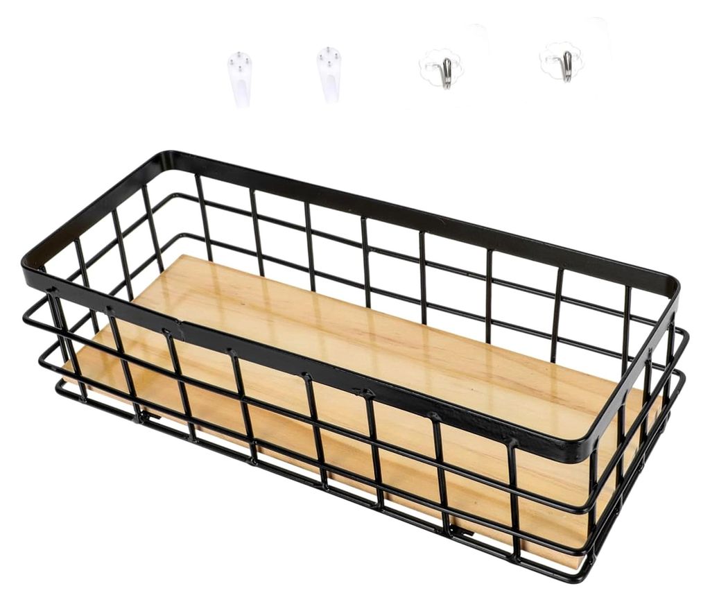 Wandkorb mit Holzbrett Praktischer Aufbewahrungskorb für Badezimmer und Kosmetik sowie Alltagsgegenstände Schwarz