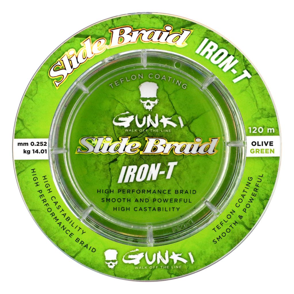 Gunki Olive Green Slide Braid Iron-T - 120m geflochtene Angelschnur, Durchmesser/Tragkraft:0.252mm / 14.01kg