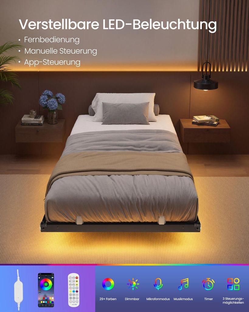 VASAGLE Bettgestell 90 x 200 cm mit LED-Beleuchtung, Produktbild 