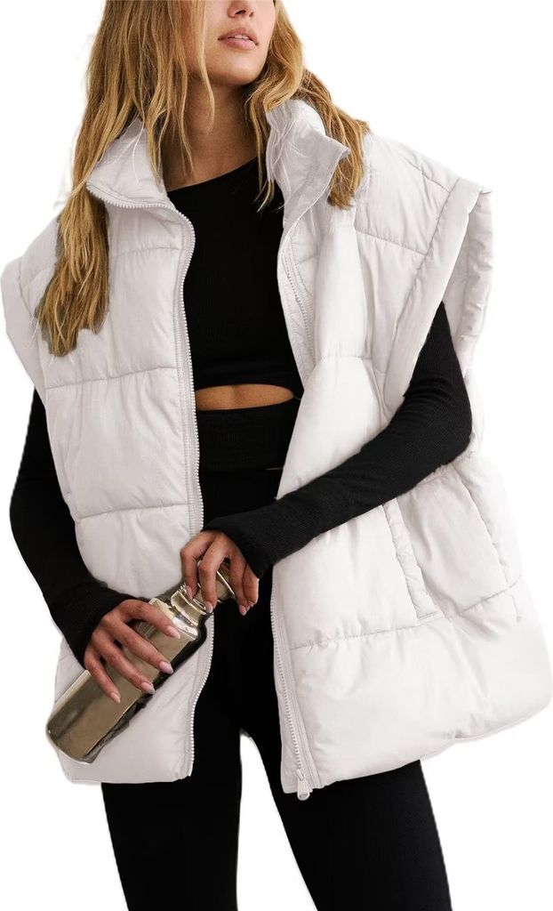 ASKSA Damen Puffer Weste uebergrosse aermellos Gesteppt Stehkragen Leichte Reissverschluss Winter Oberbekleidung, Weiss, XL
