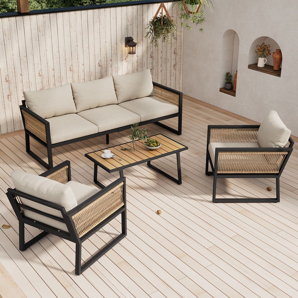 Parrot Uncle Gartenmöbel Set 4-tlg. – 3er Sofa, 2 Sessel & Tisch mit Kunststoffholzplatte, Seilarmlehnen, Stahlgestell, beige, outdoorfähig