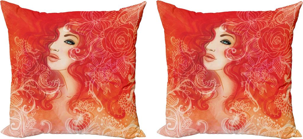 ABAKUHAUS Mode Kissenbezug Set (2Stück), Frauen-Gesicht mit Blumen Ornamentals im Haar-Zauber-Aquarell-moderner Grafik, 50 x 50 cm, Orange Creme Rot