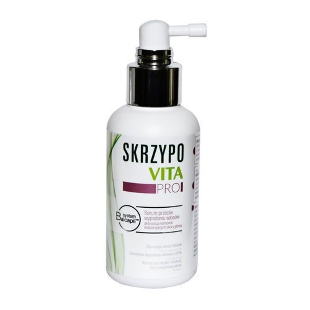 A white bottle of hair serum with a spray applicator.