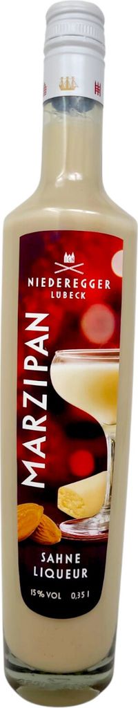 A bottle of Niederegger Marzipan Sahne Liqueur.