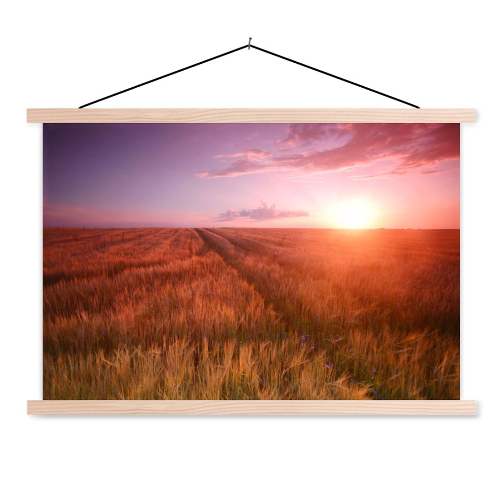 MuchoWow Textilposter Wiese - Sonne - Abend - Landschaft 60x40 cm mit holzfarbenen Rahmen - Bilder