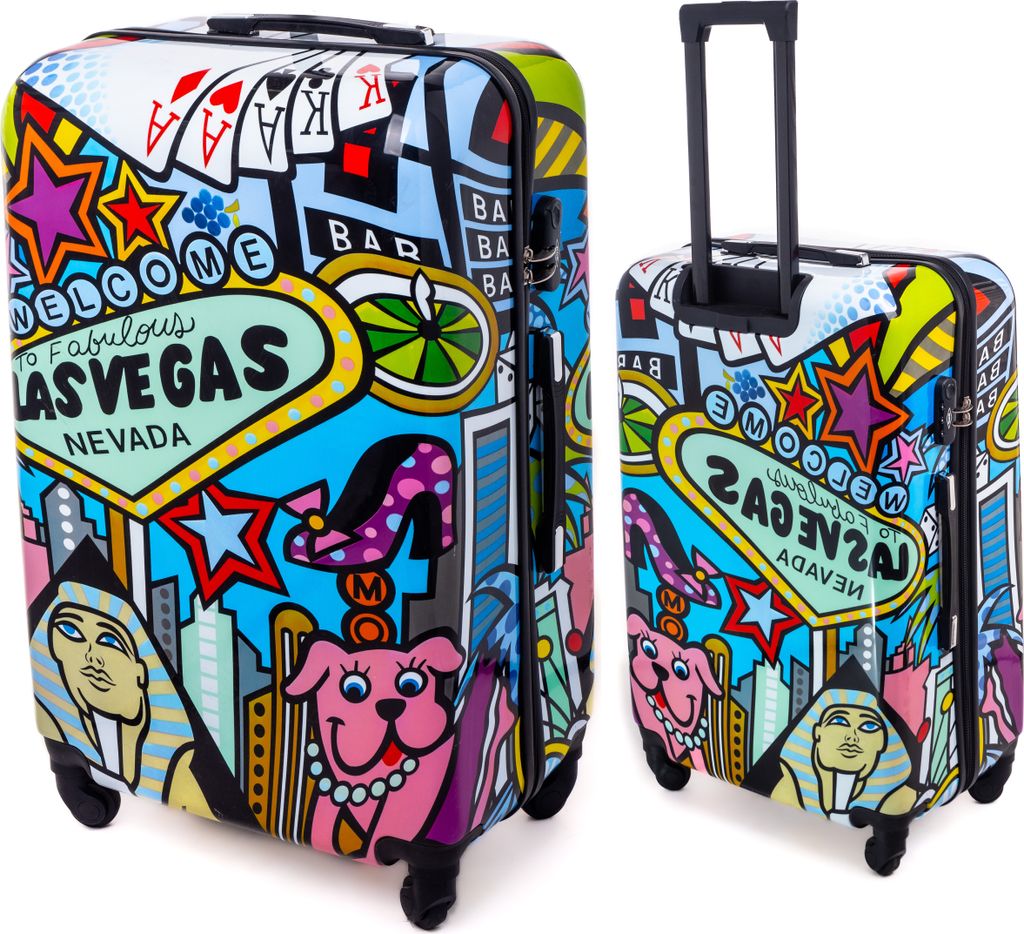 Two suitcases, one larger and one smaller, with a vibrant, colorful design featuring Las Vegas imagery.
