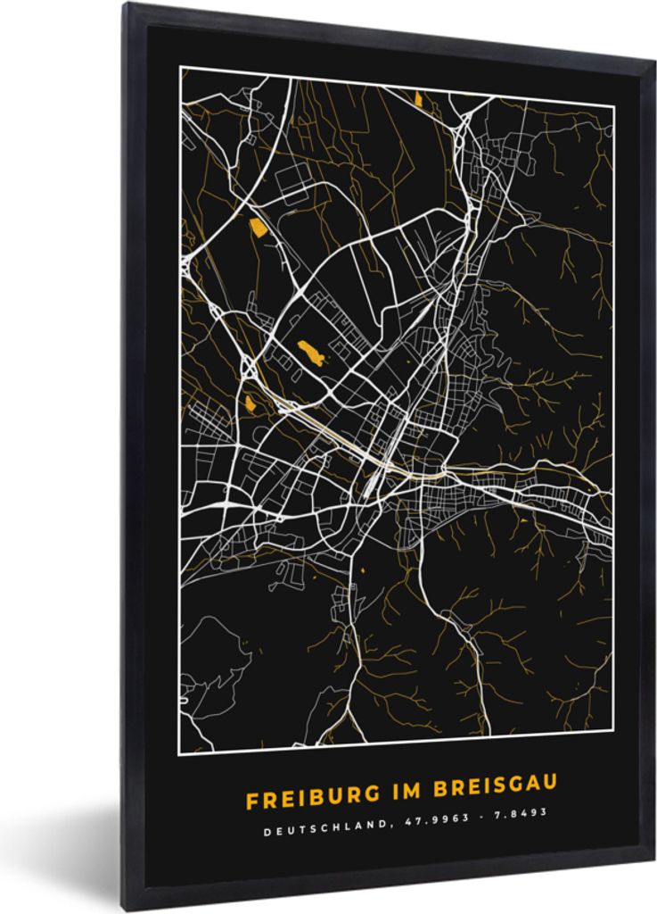 MuchoWow Gerahmtes Poster Deutschland - Freiburg Im Breisgau - Gold - Stadtplan - Karte 60x90 cm - Poster mit Schwarzem Bilderrahmen Wandposter R...