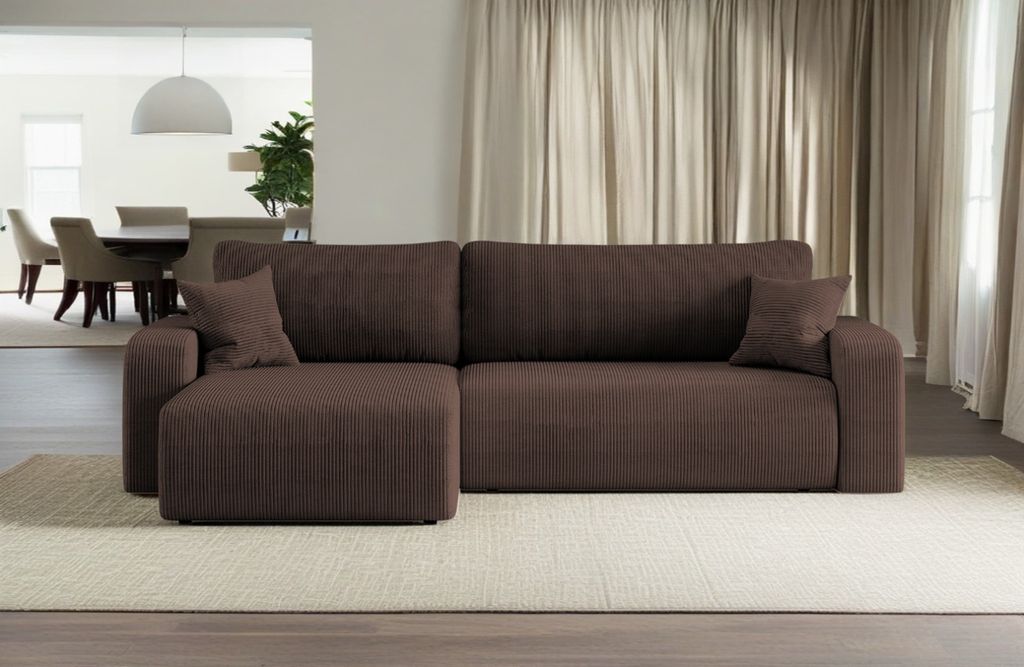 Kaiser Möbel Ecksofa mit schlaffunktion und bettkasten, Eckcouch MILANO XL stoff Poso Dicker Cord Braun Links