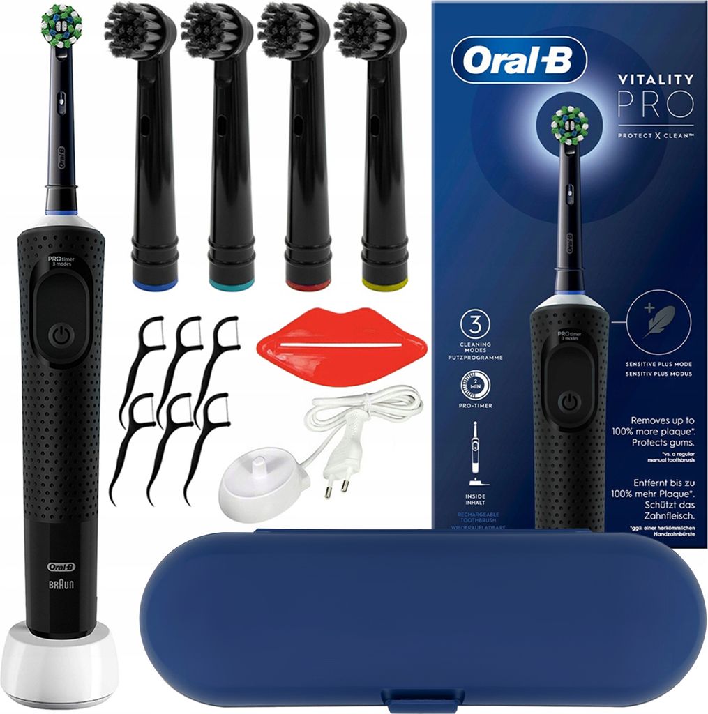 Oral-B Vitality Pro D103 elektrische Zahnbürste schwarz mit 4 Aufsätzen Etui