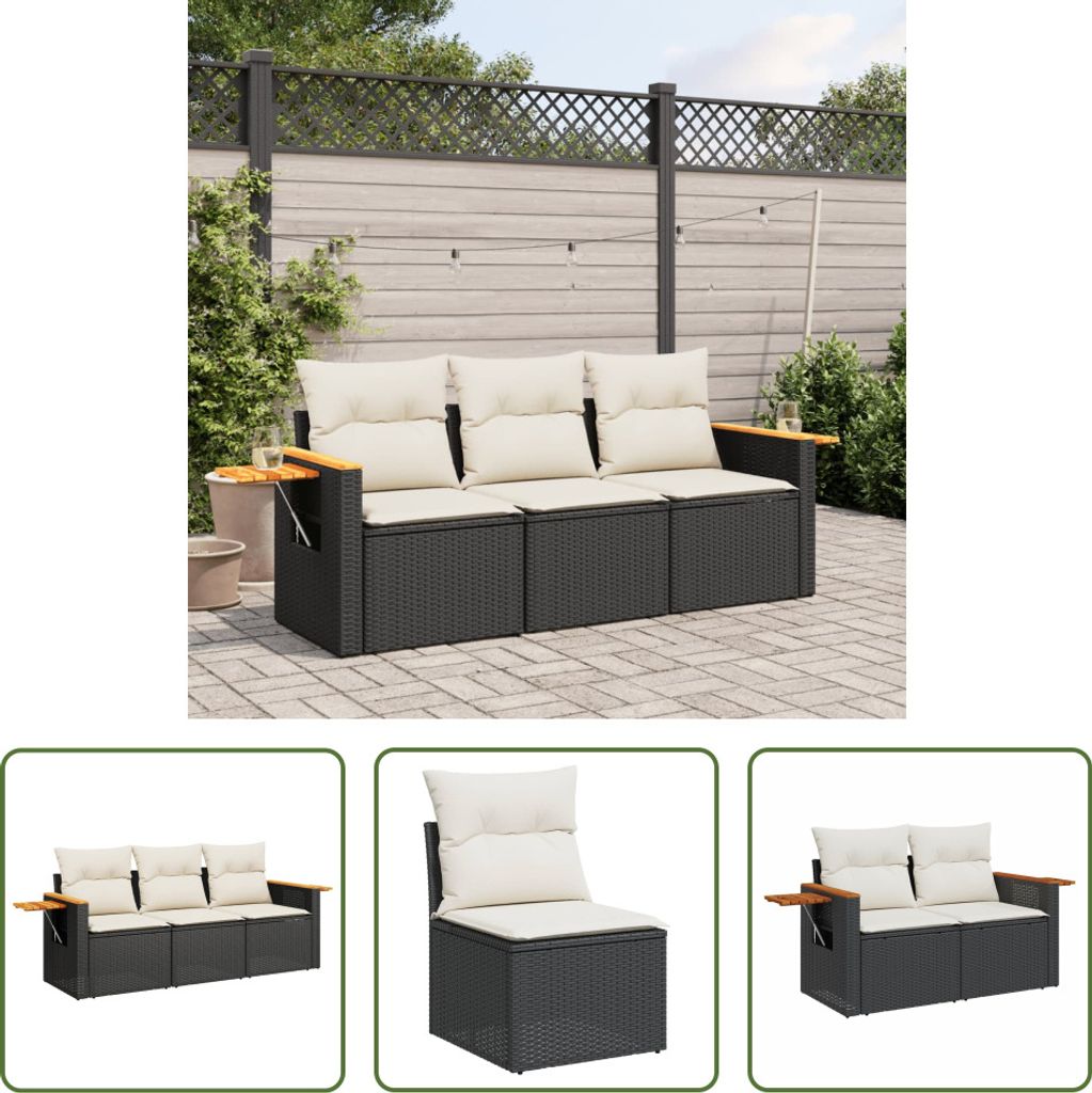 The Living Store 3-tlg. Garten-Sofagarnitur mit Kissen Schwarz Poly Rattan
