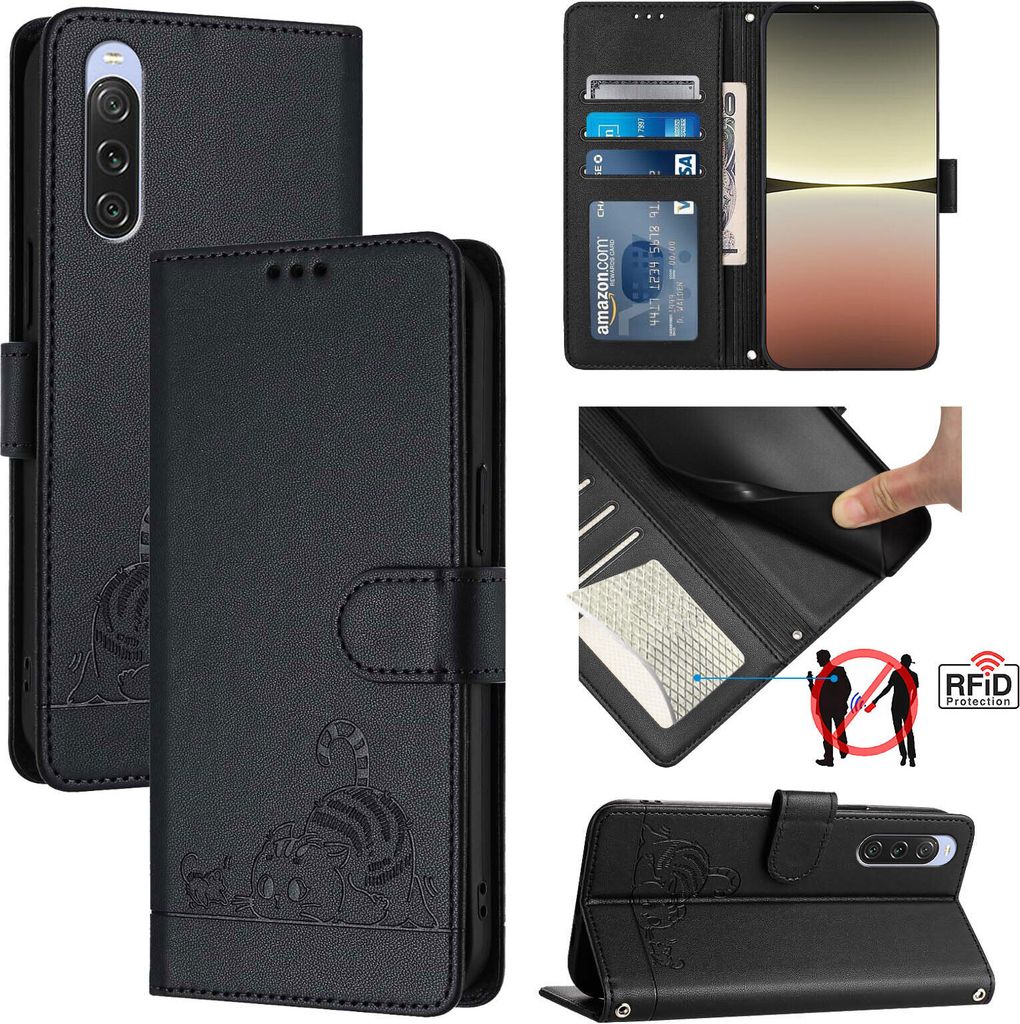 Leder Hülle für Sony Xperia 10 V Süße Katze Flip Case Brieftasche Schutzhülle mit Standfunktion Schwarz
