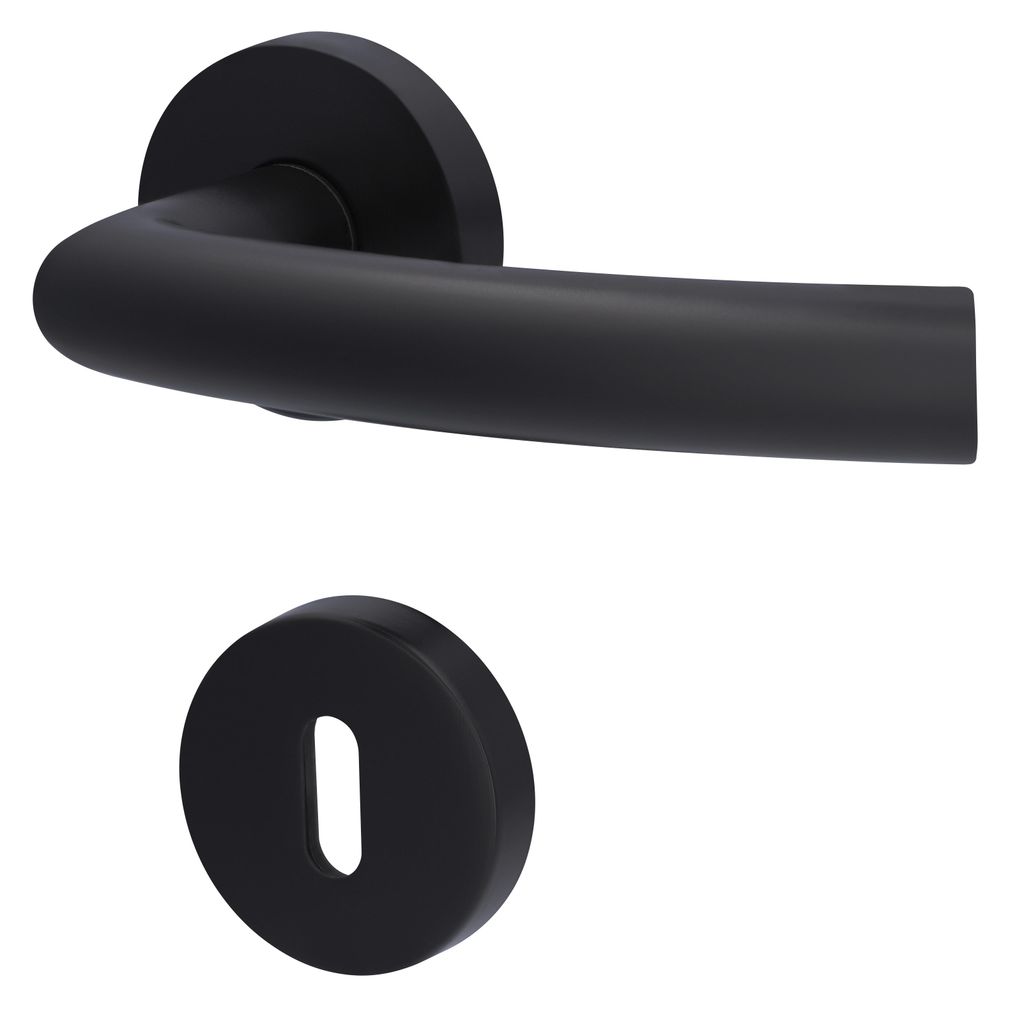 A black door handle and a keyhole escutcheon are shown against a white background.